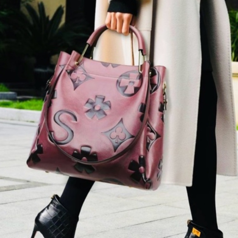 Jansben Floral Embossed Top Handle Handbag Eggplant Shoulder Bag Crossbody 4 pc